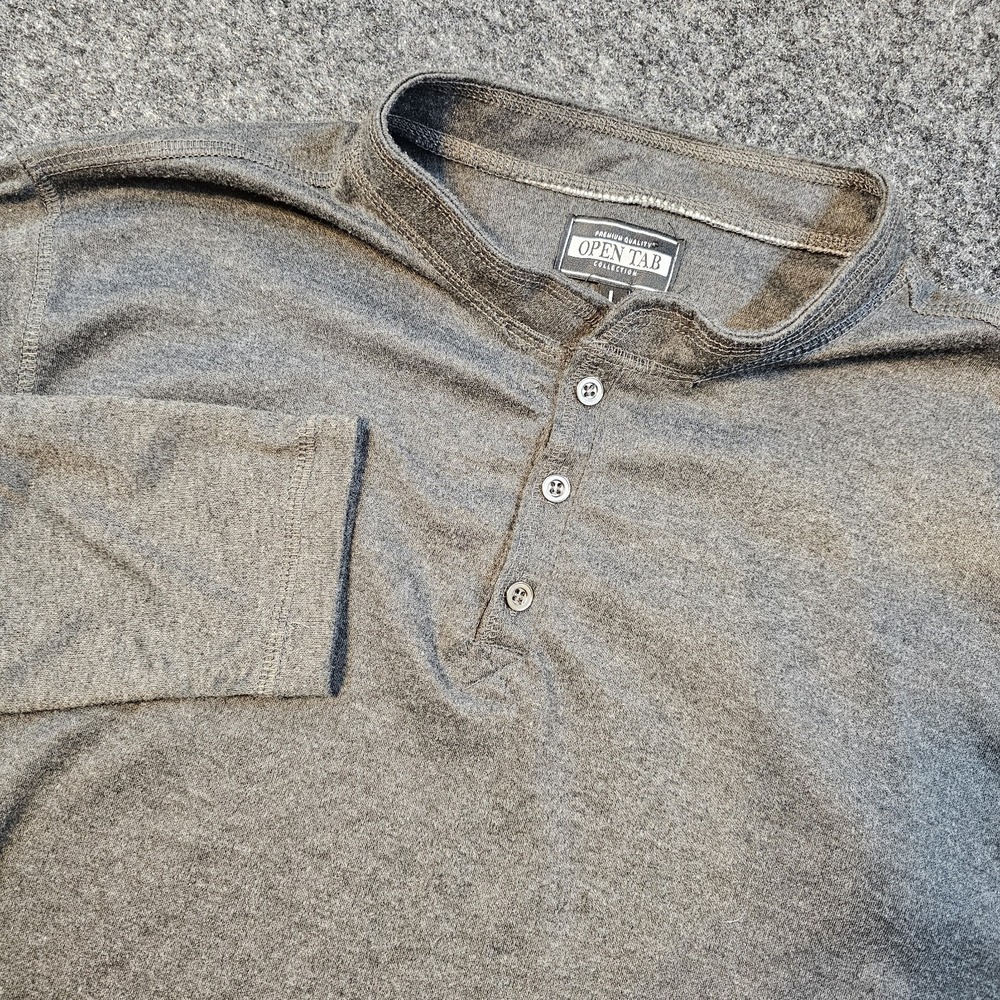 Open Tab Mens Large Gray Henley Shirt Long Sleeve Button Neck Cotton Blend Casua